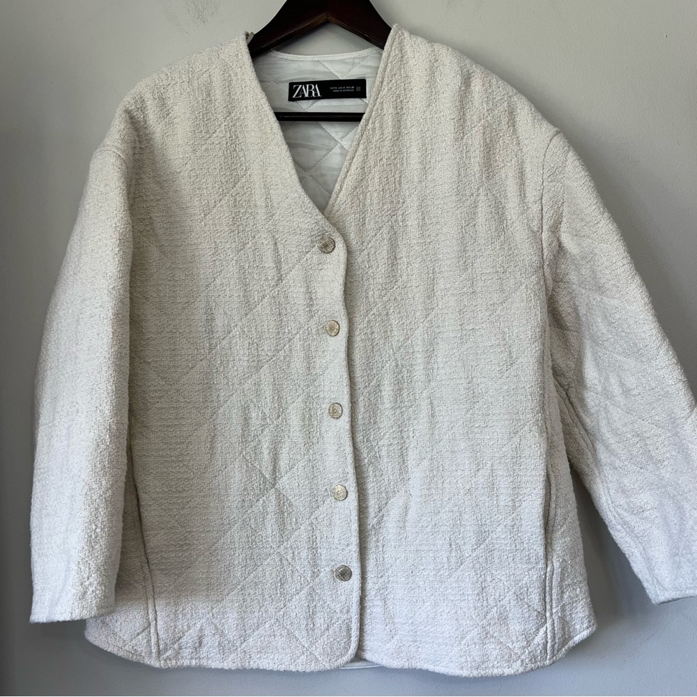 Zara Quilted Jacket Small Ecru Cream Gold Buttons Cotton Blend Boxy Scandi Style